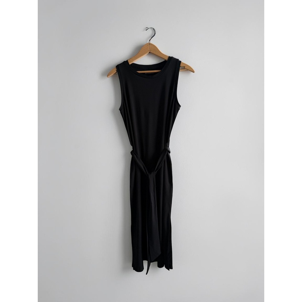 Banana Republic Black Sleeveless Belted Midi Dress Small Side Slit Crew Neck
